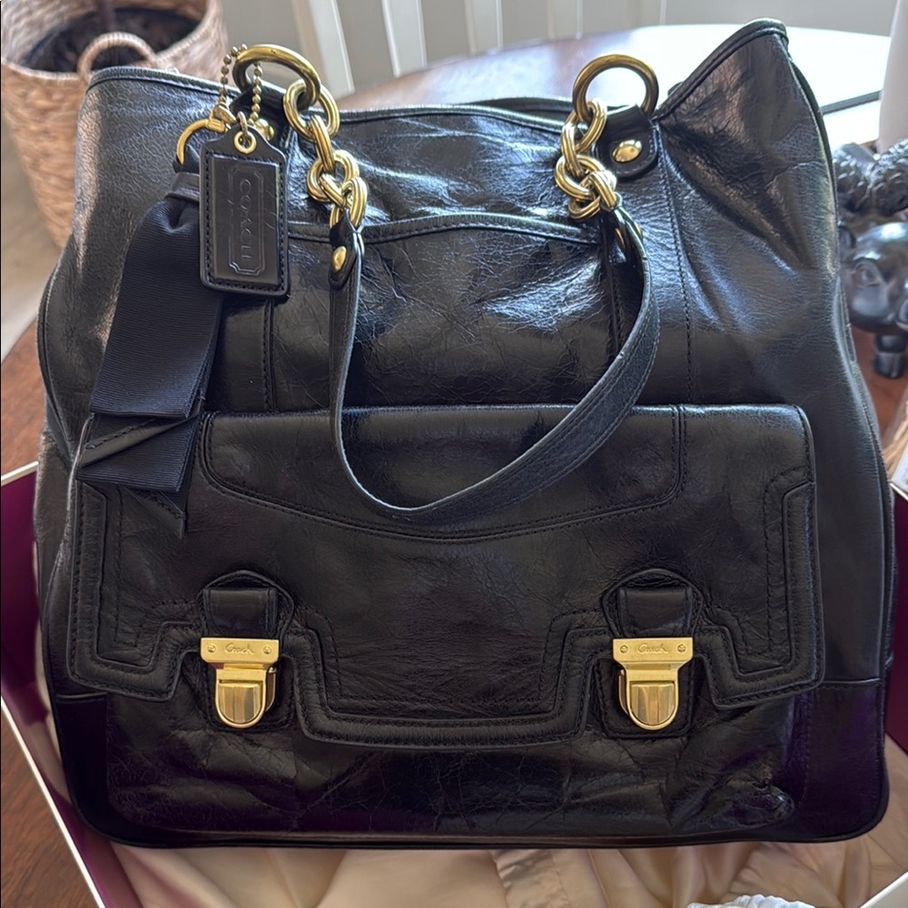 Coach Black and Gold Shoulder Bag with Glossy Leather and Structured Design